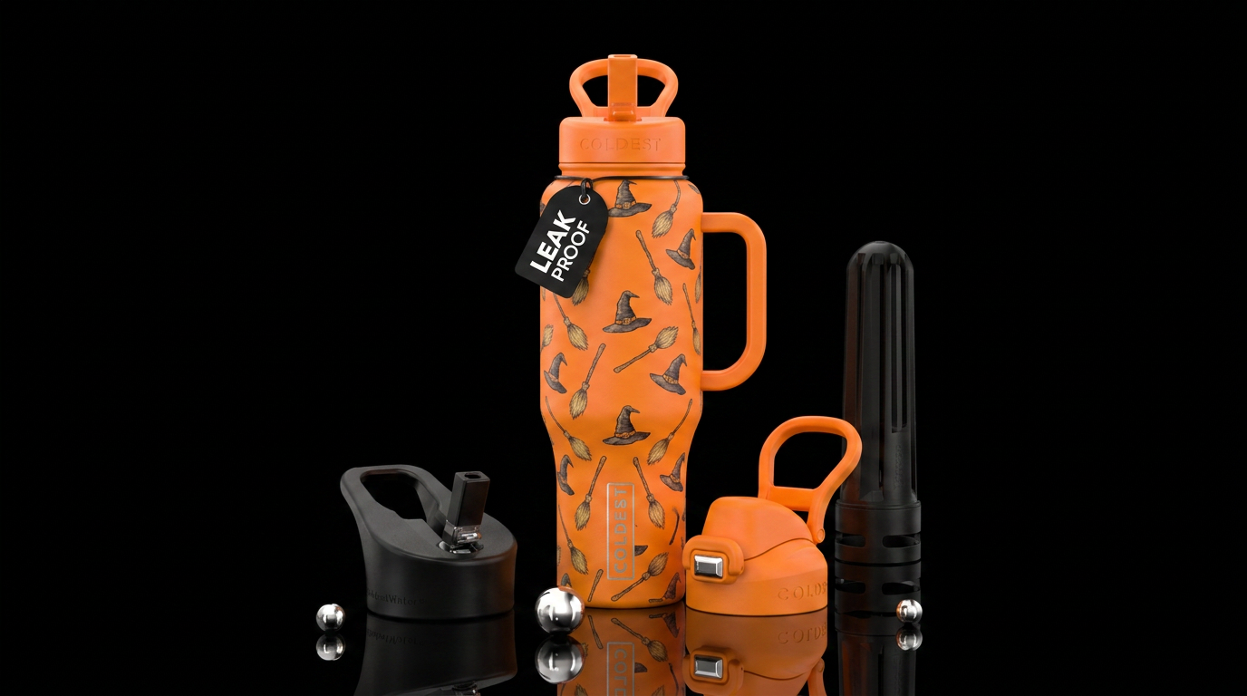 Orange cup with brooms and witch hats water bottle design