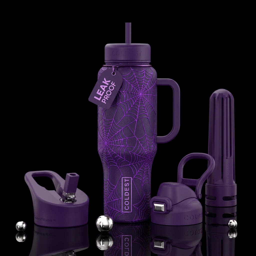 purple cup with purple spiderwebs water bottle design