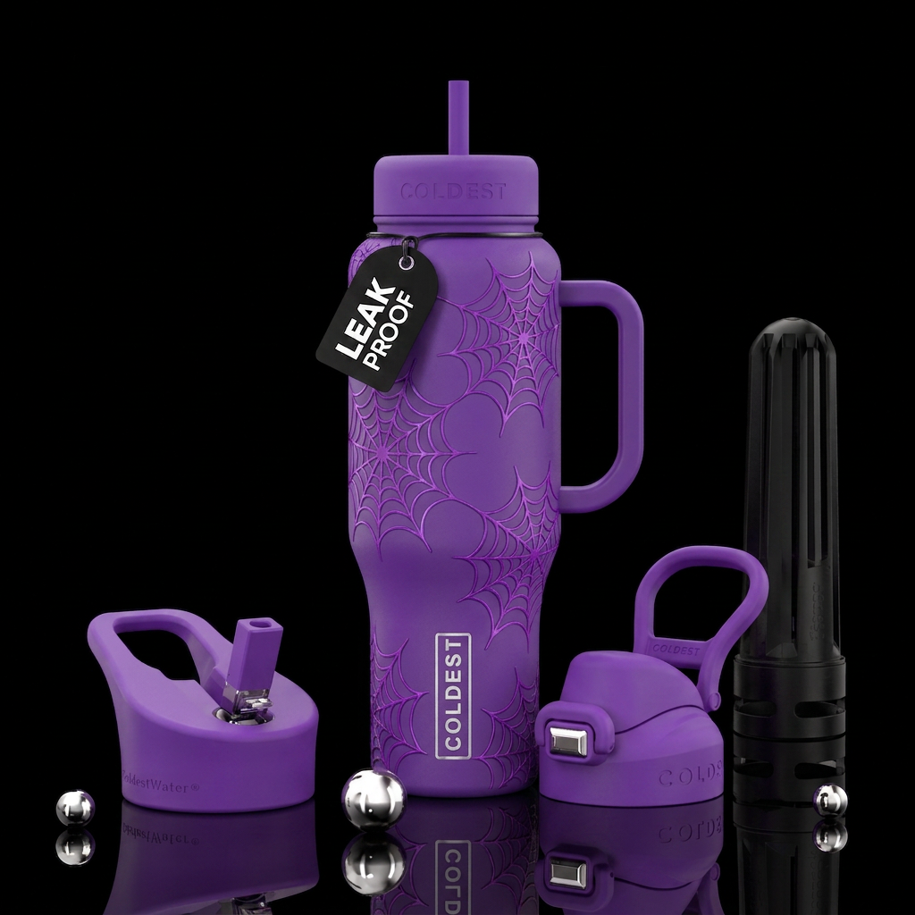 purple cup with purple spiderwebs water bottle design