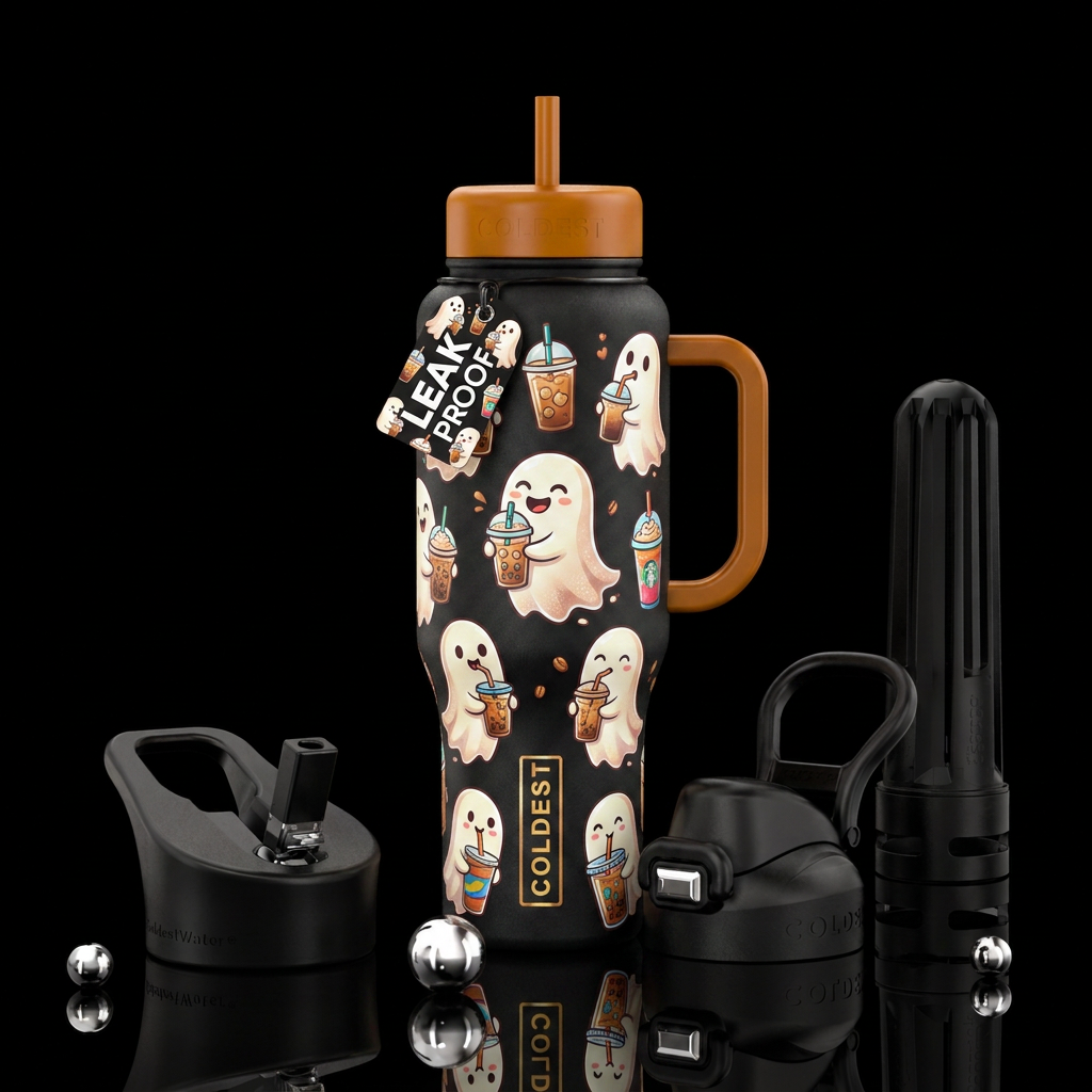 ghosts drinking iced coffee water bottle design