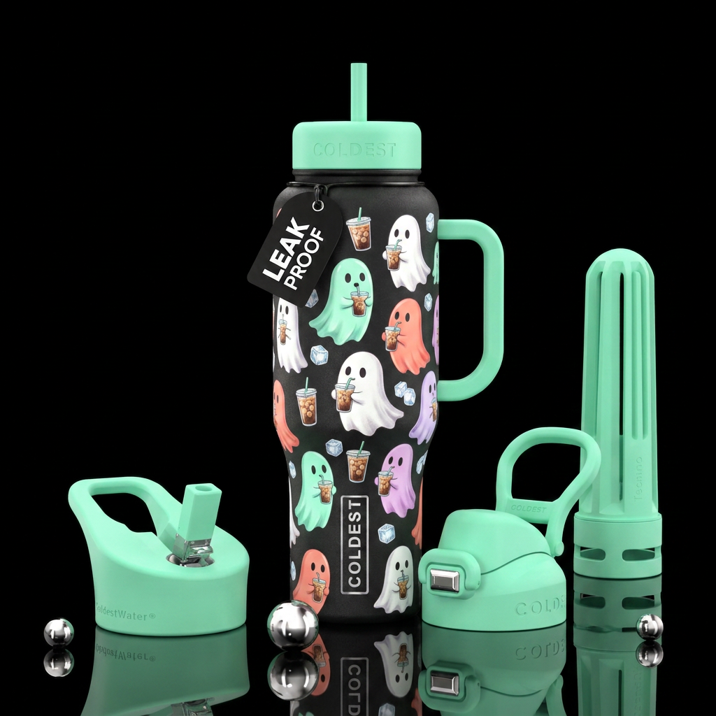 ghosts drinking iced coffee water bottle design