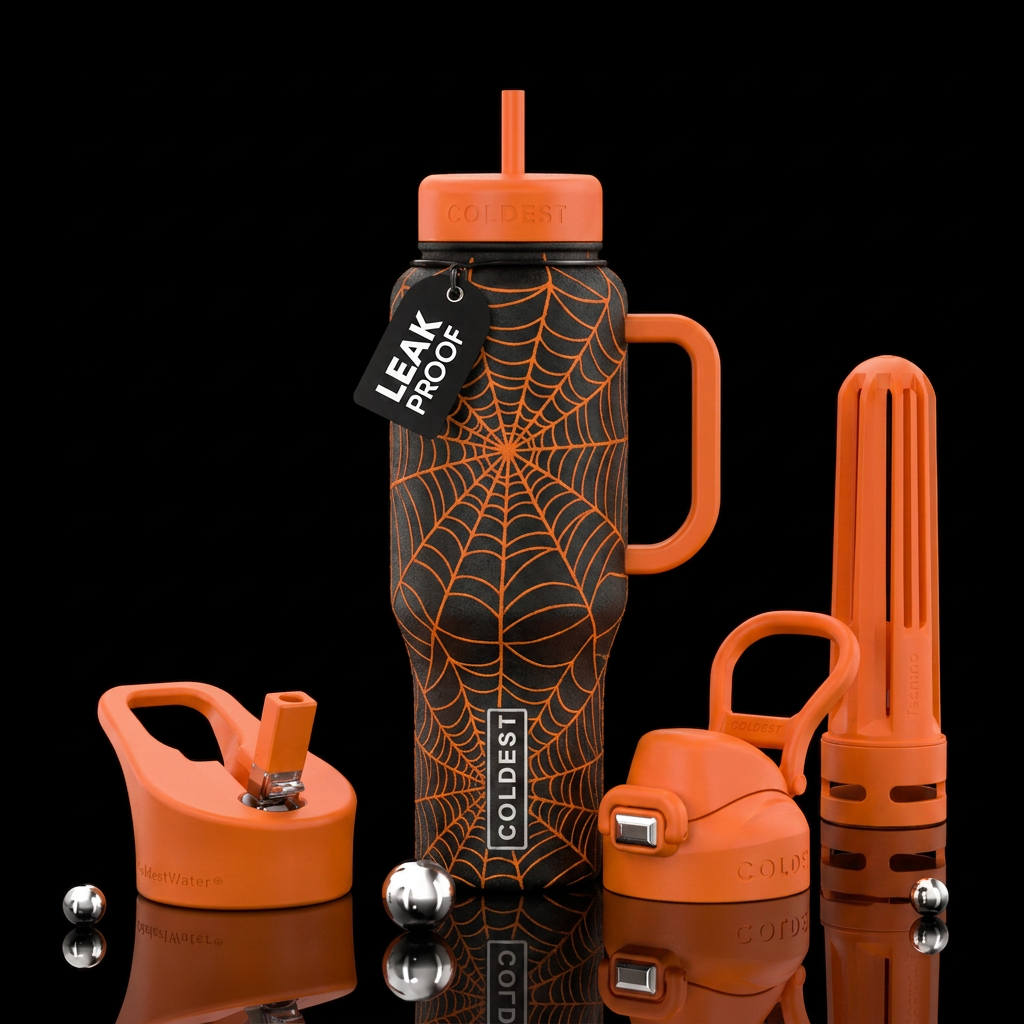 black cup with orange spiderwebs water bottle design