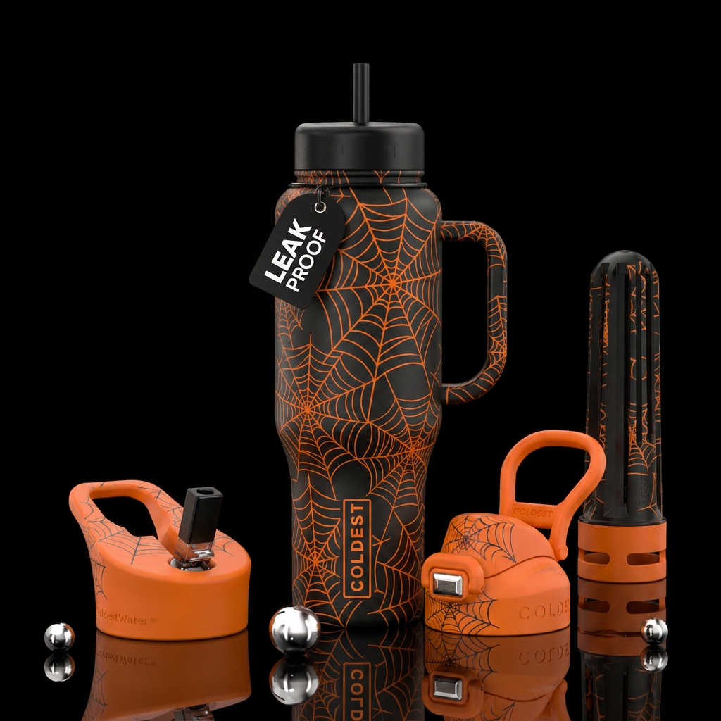 black cup with orange spiderwebs water bottle design
