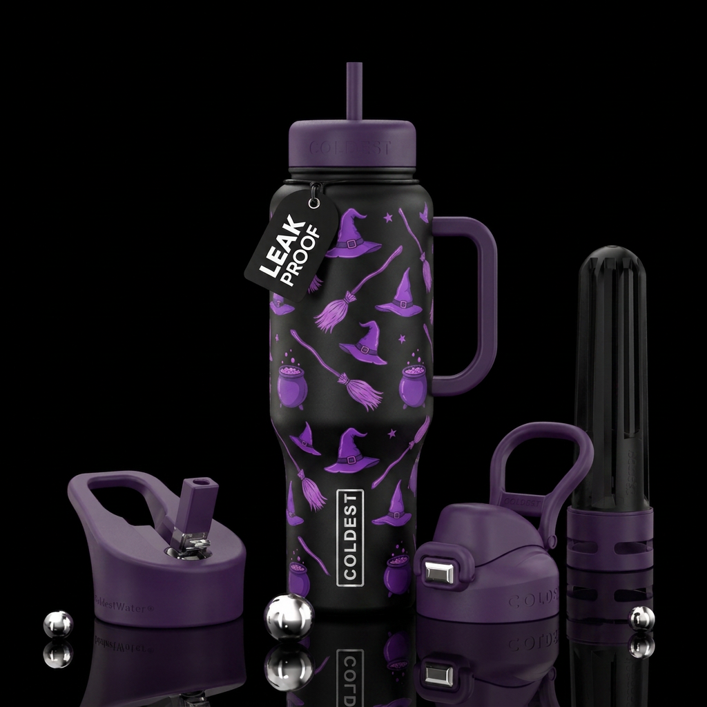 black cup with purple witch hats, brooms and cauld... water bottle design