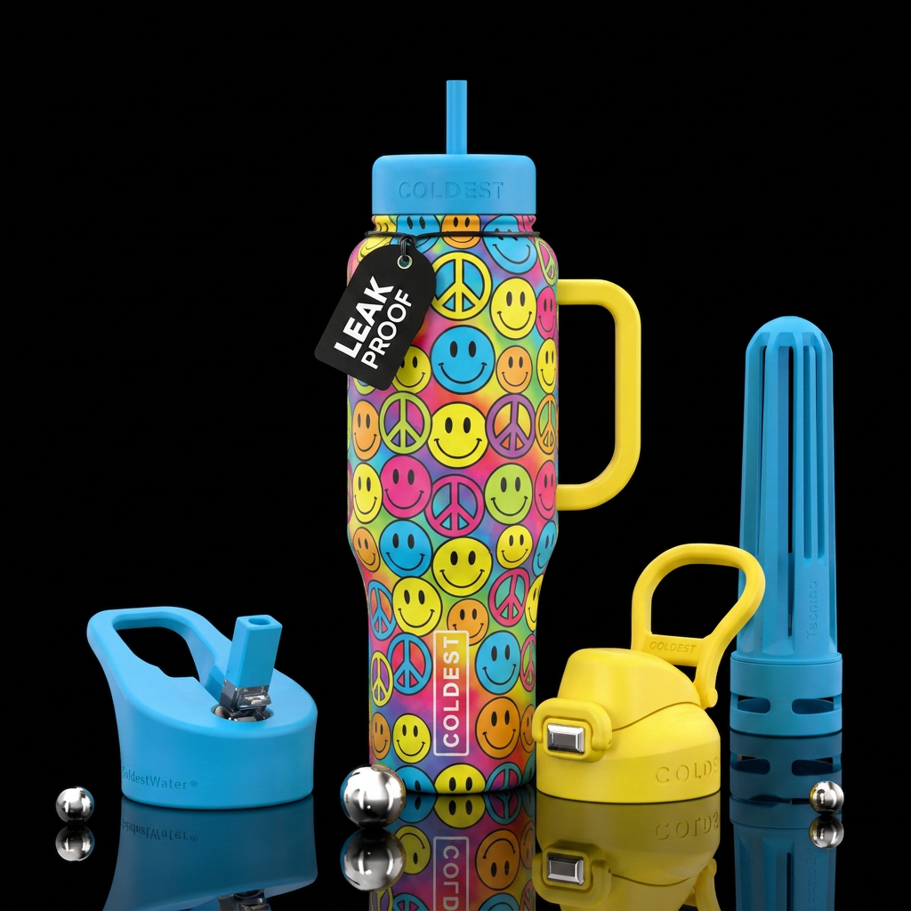 Bright cup with smiley faces and peace signs water bottle design