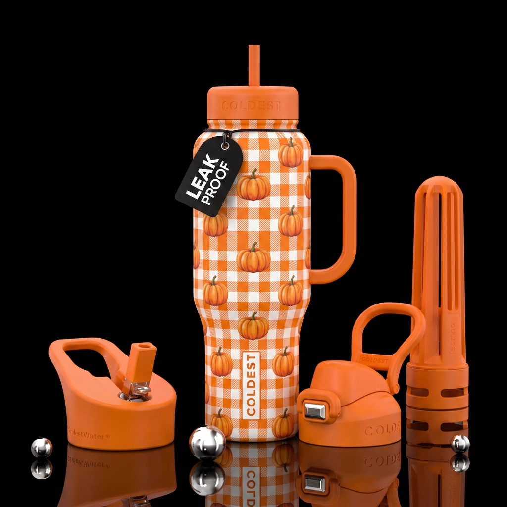 orange gingham with pumpkins water bottle design