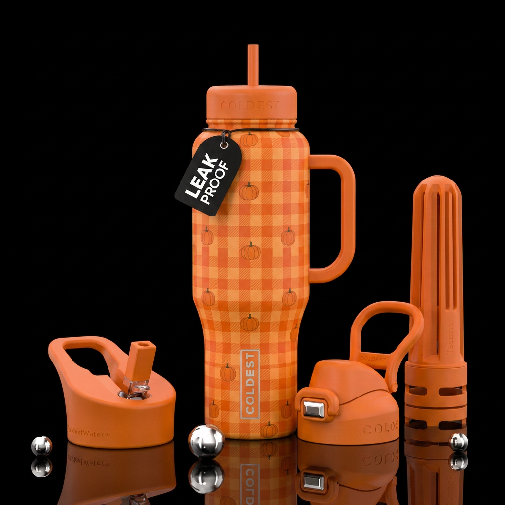 orange gingham with pumpkins water bottle design