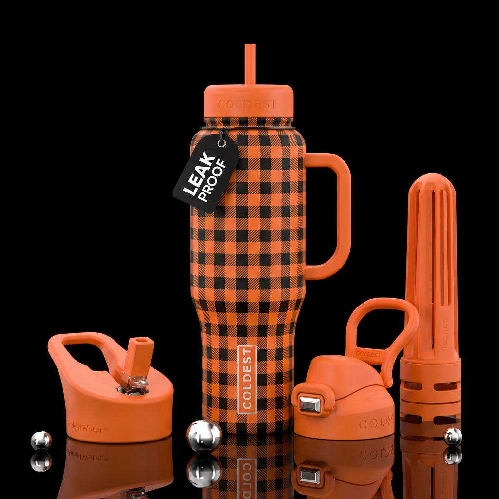 orange and black gingham water bottle design