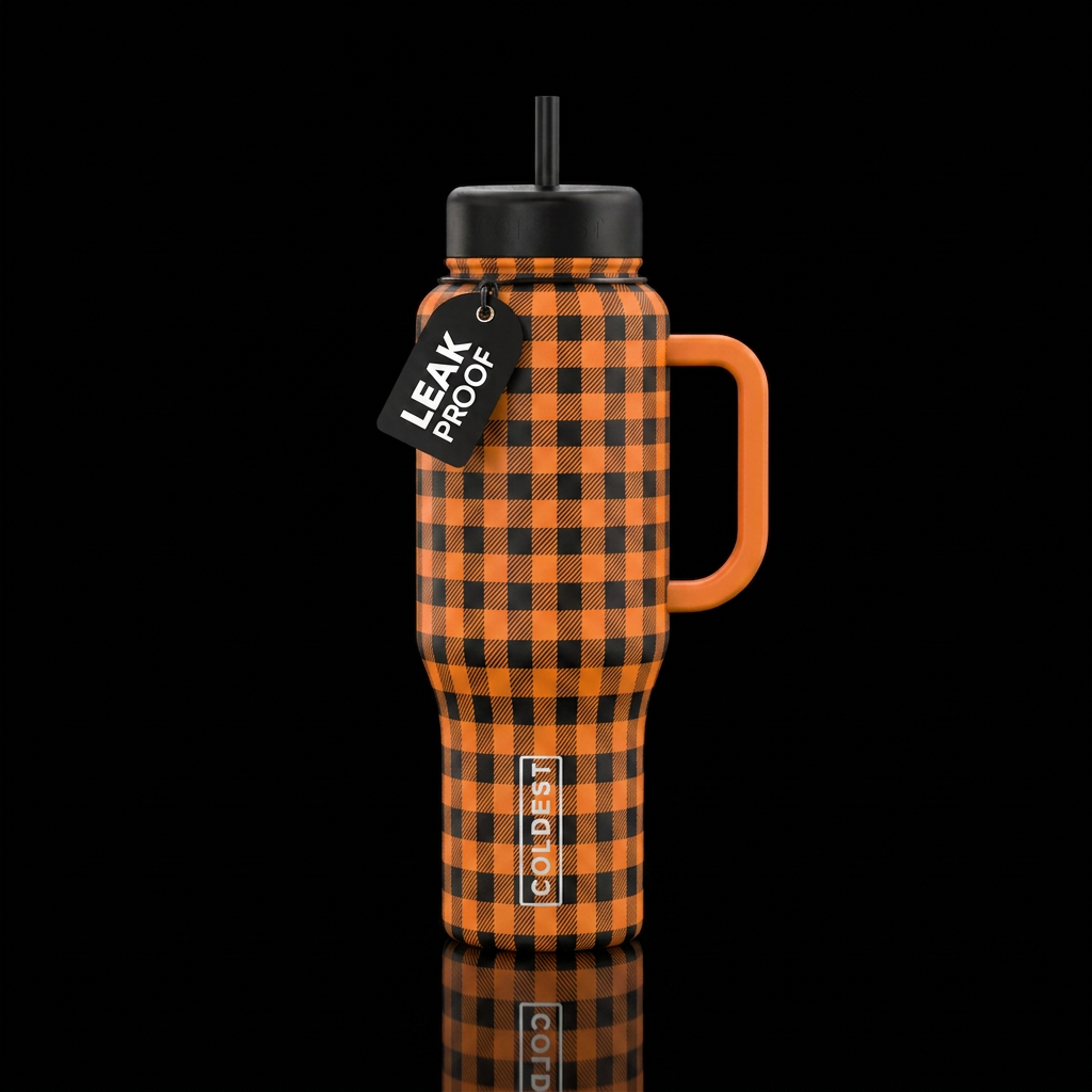 orange and black gingham water bottle design