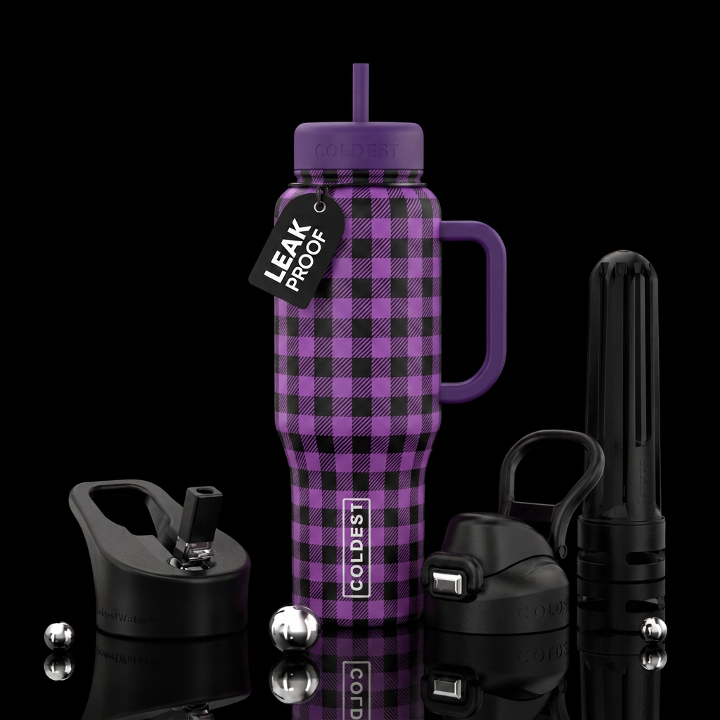 black and purple gingham water bottle design