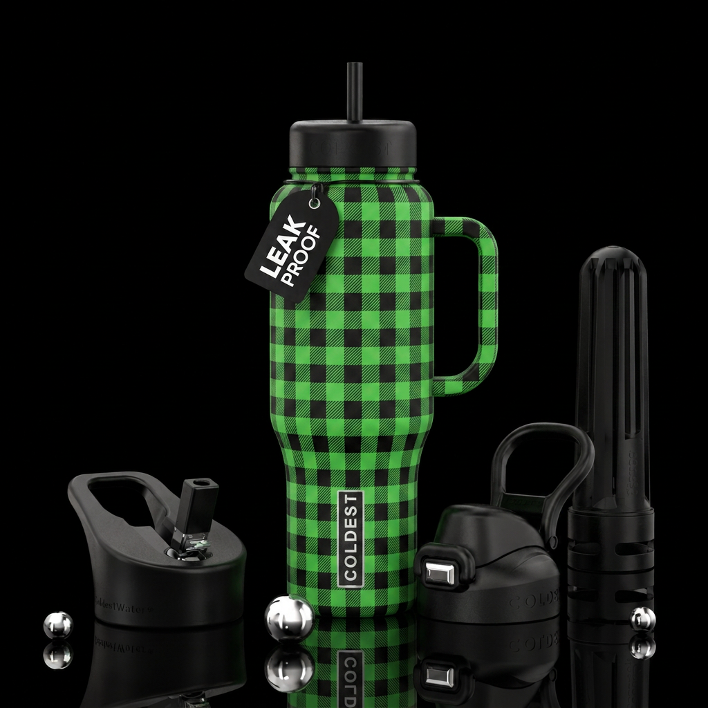 green and black gingham water bottle design