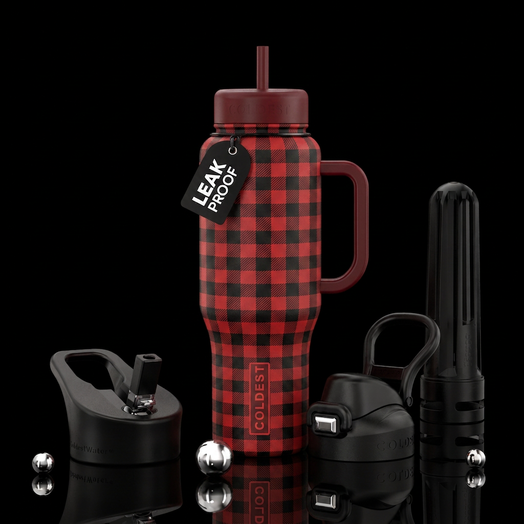 red and black gingham water bottle design