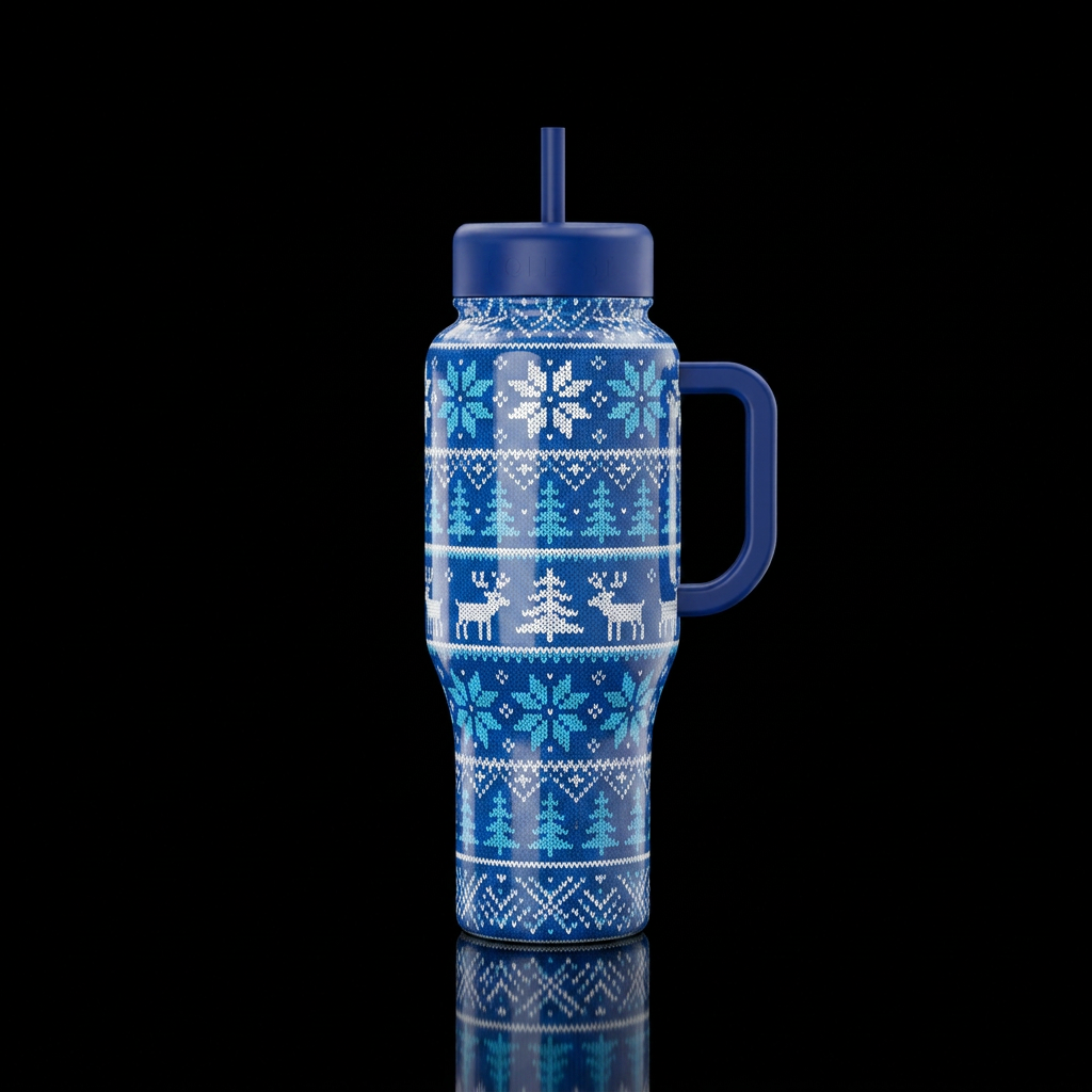 blue and white Christmas theme water bottle design