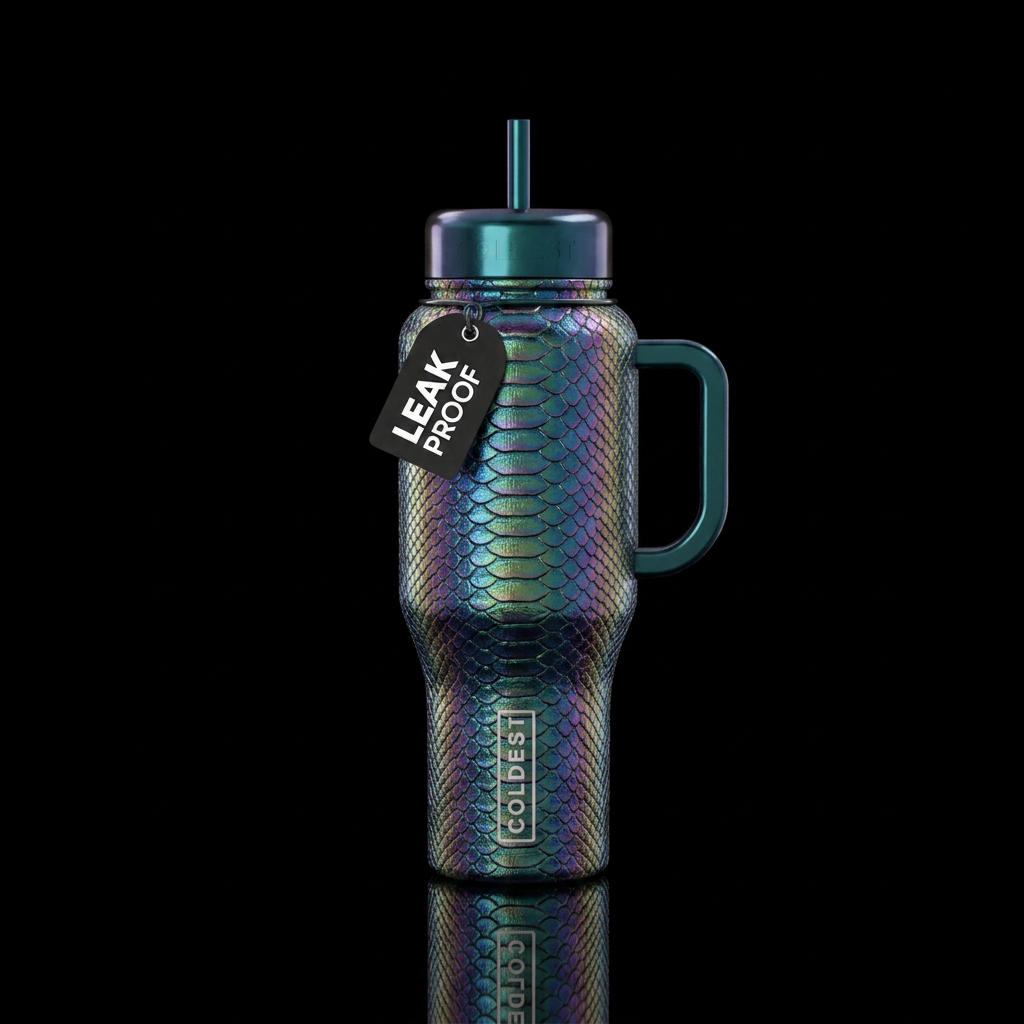 Iridescent snakeskin water bottle design