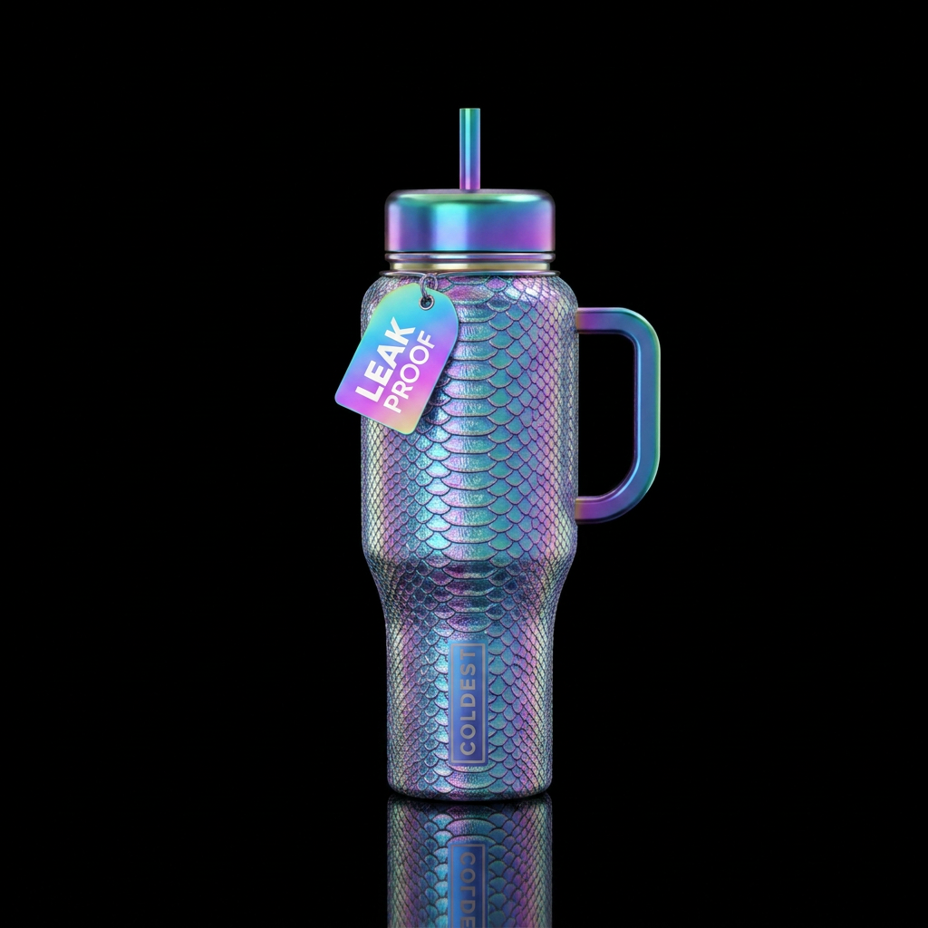 Iridescent snakeskin water bottle design
