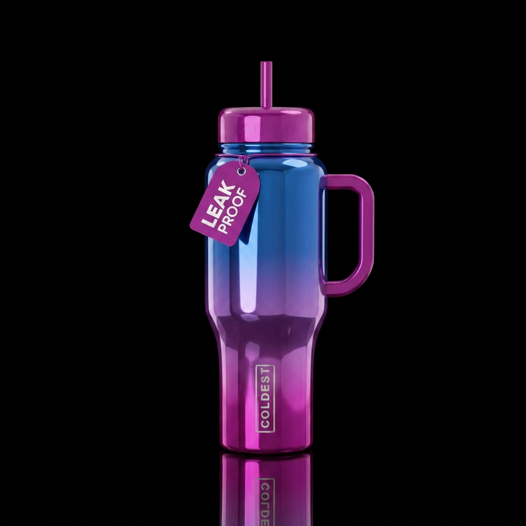 glossy sapphire and magenta ombre water bottle design