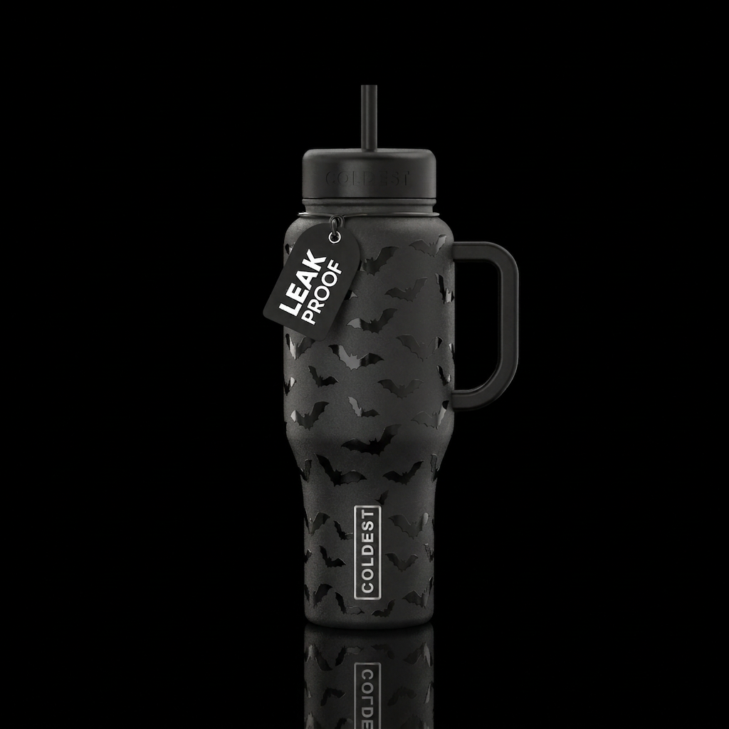 Matte black cup with glossy bats all over water bottle design