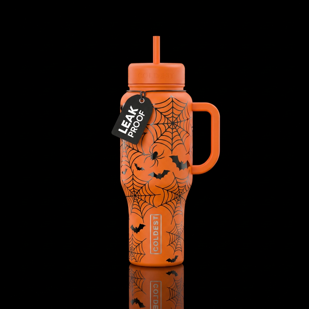 Matte orange cup with glossy spider webs and bats ... water bottle design