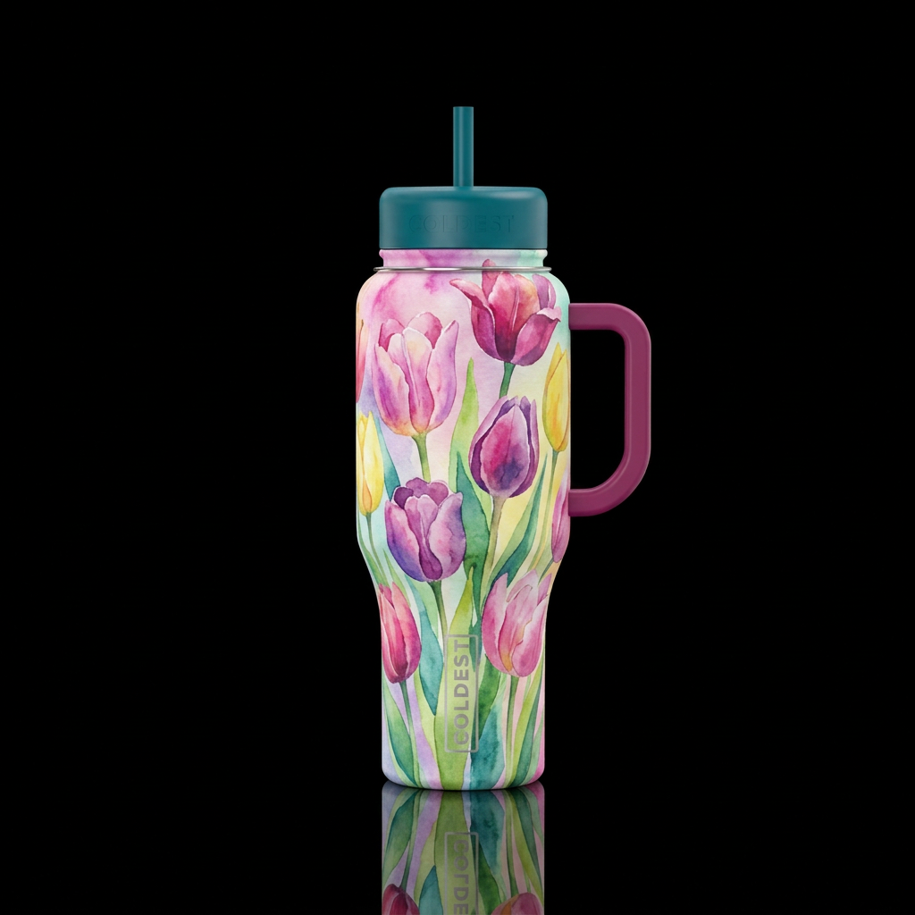 Watercolor tulips water bottle design