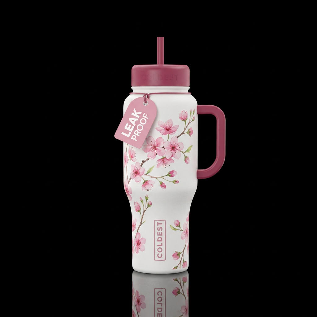 Watercolor cherry blossoms water bottle design
