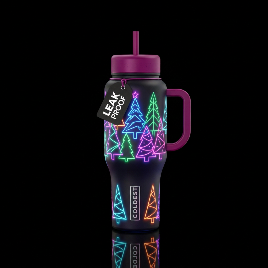 Neon Christmas trees water bottle design
