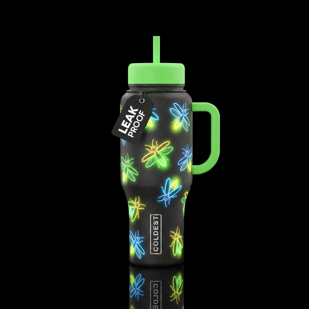 Neon lightening bugs water bottle design