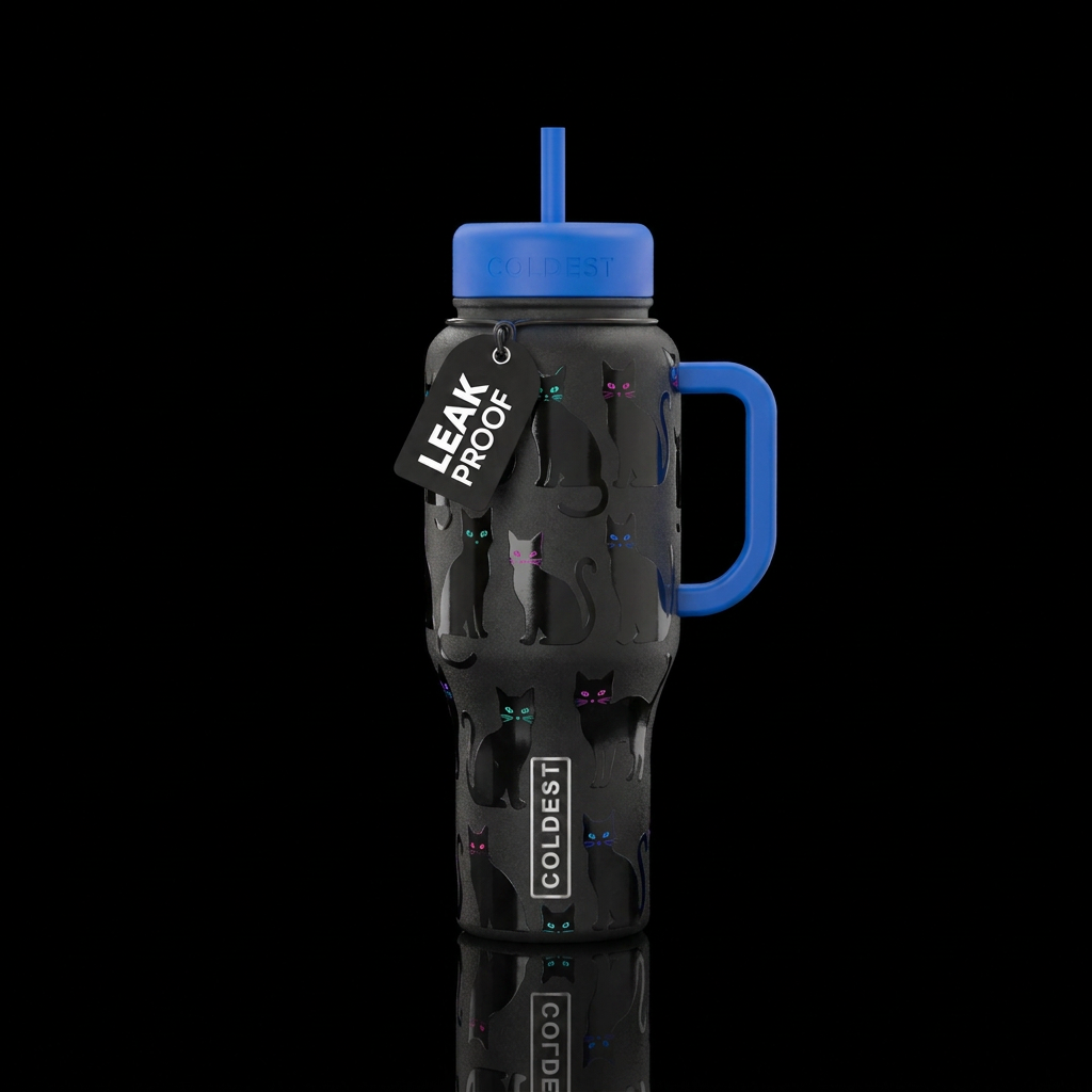 Matte black cup with glossy black cats water bottle design