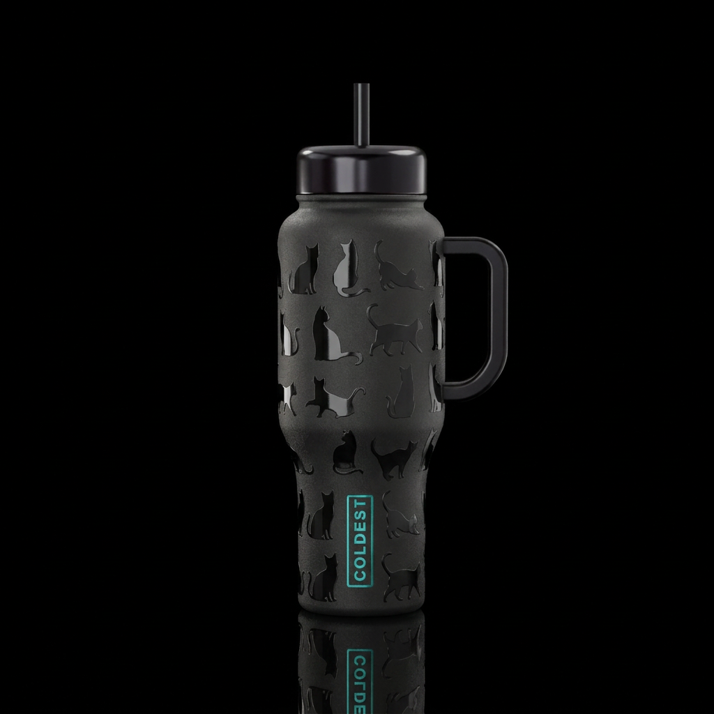 Matte black cup with glossy black cats water bottle design