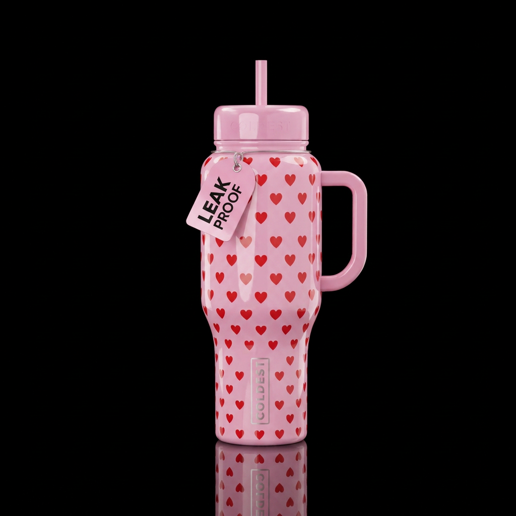 glossy light pink cup with small red hearts all ov... water bottle design