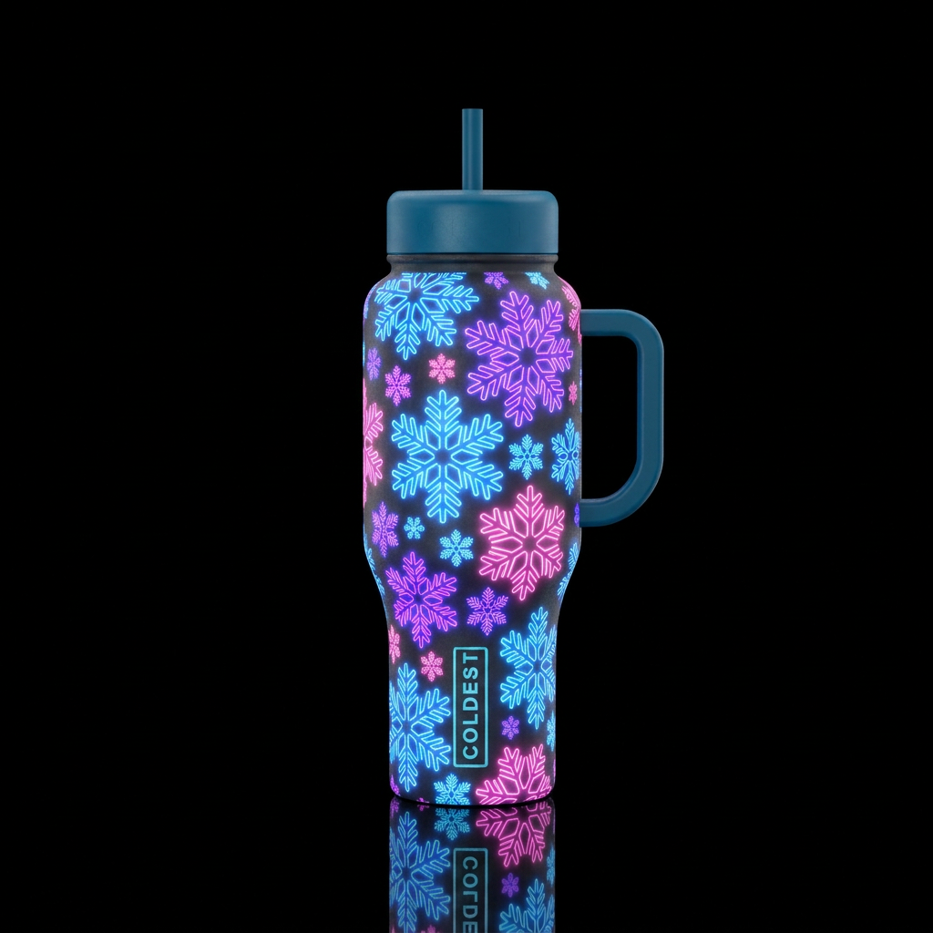 neon snowflakes water bottle design