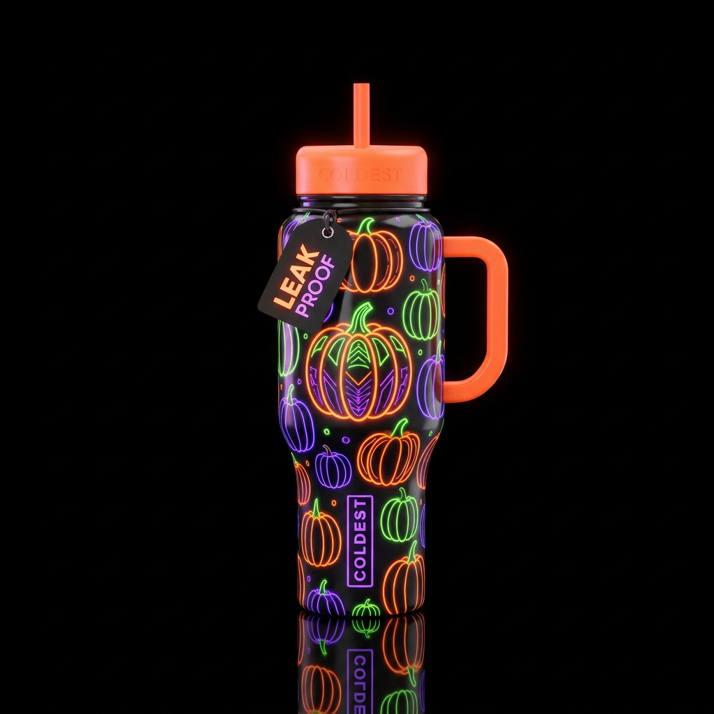 neon pumpkins water bottle design