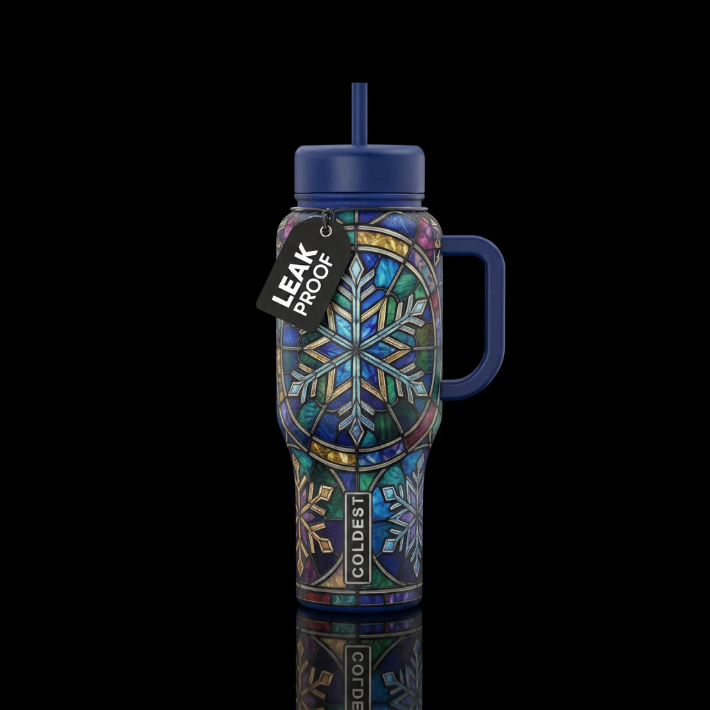 stained glass snowflakes water bottle design