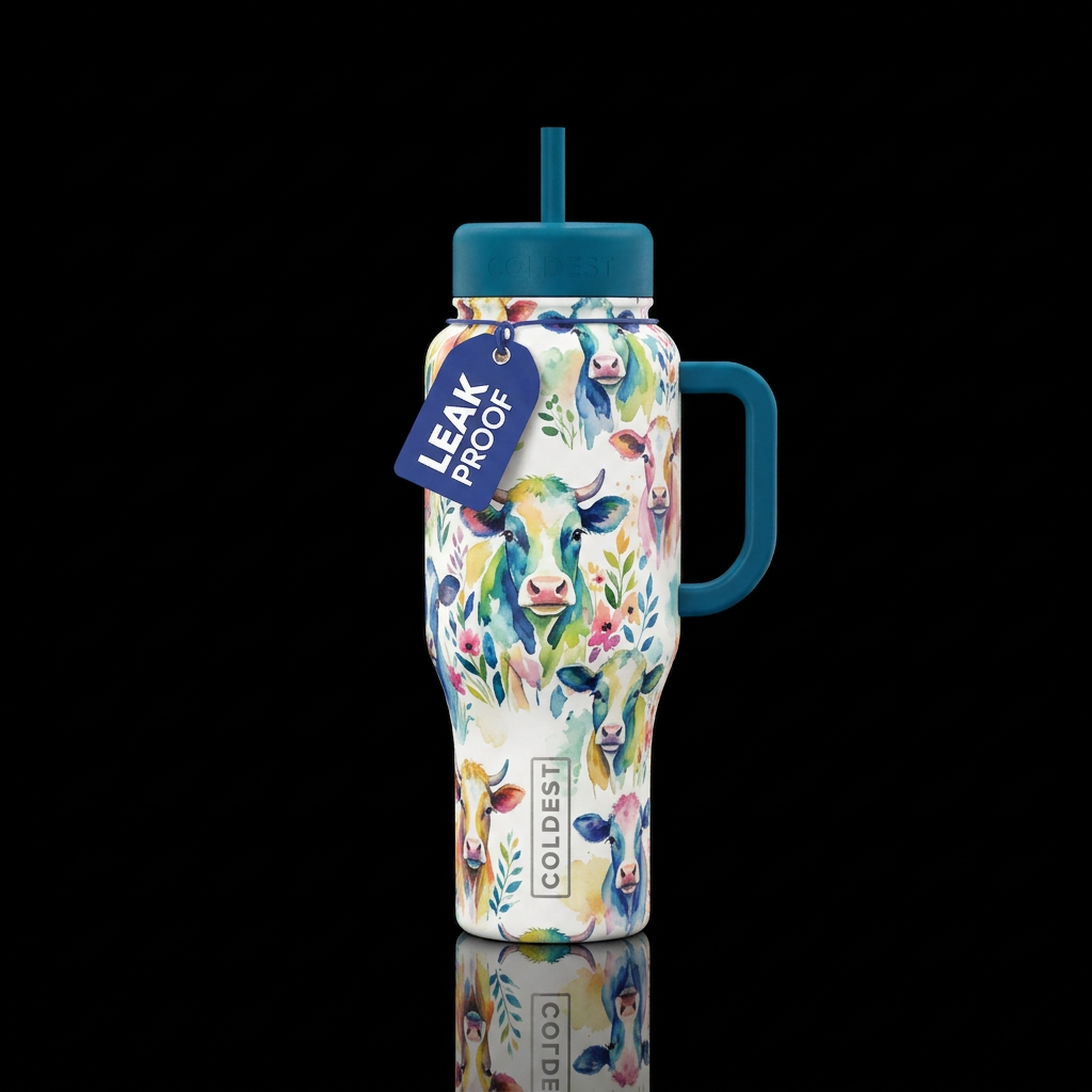watercolor cows water bottle design