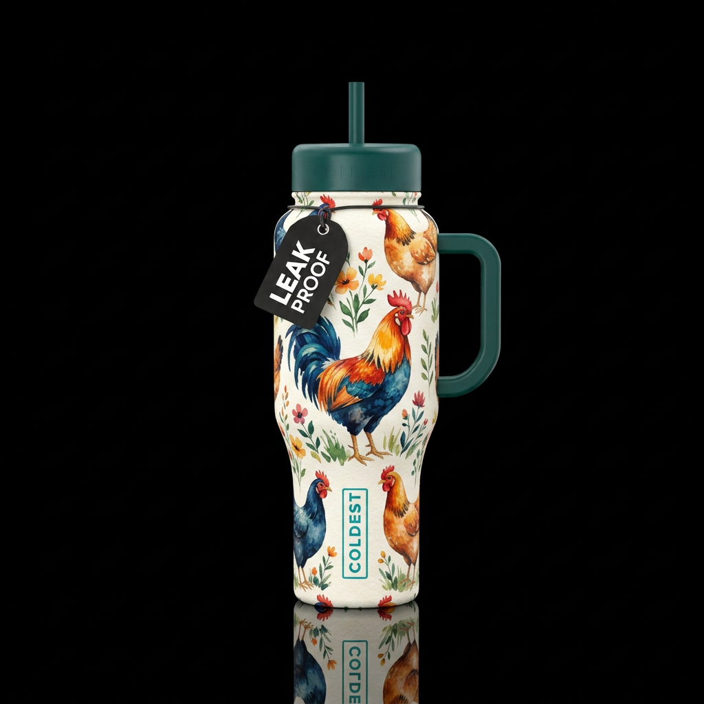 watercolor chickens water bottle design