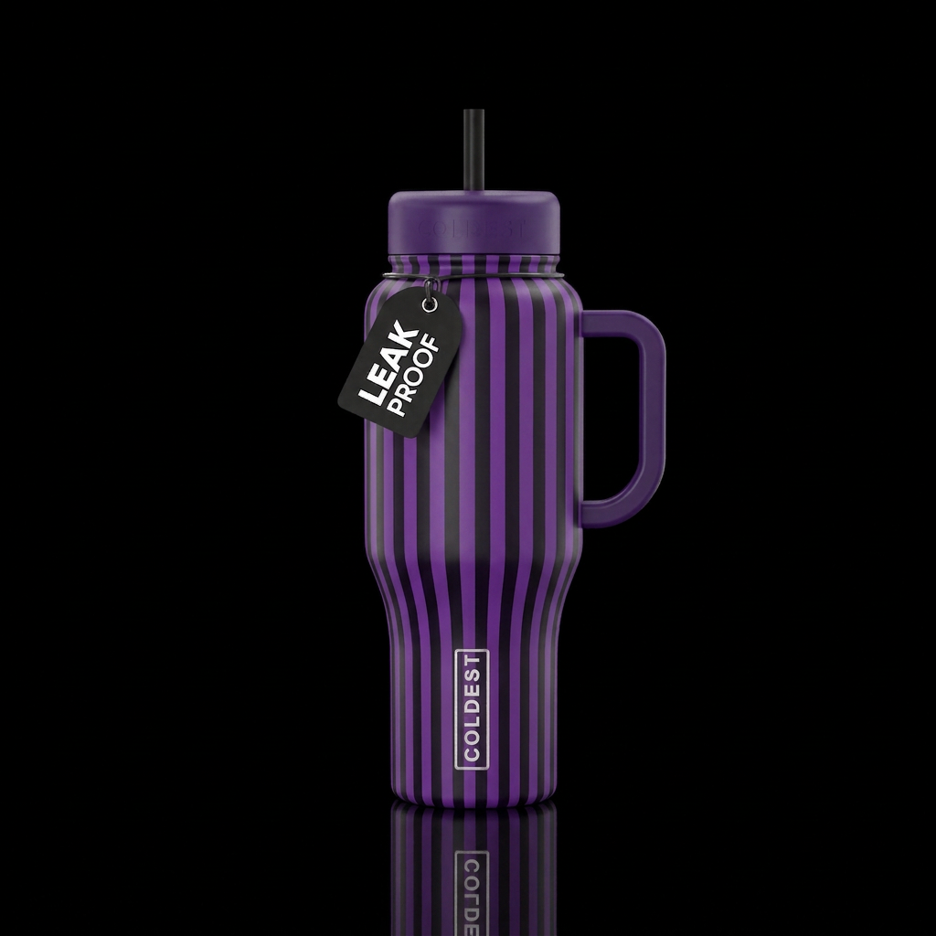 dark purple and black vertical stripes water bottle design