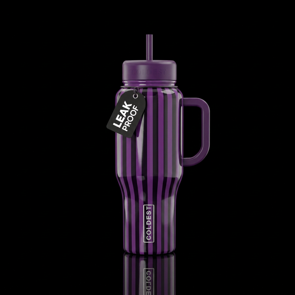 dark purple and black vertical stripes water bottle design