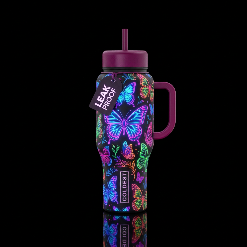 neon butterflies water bottle design