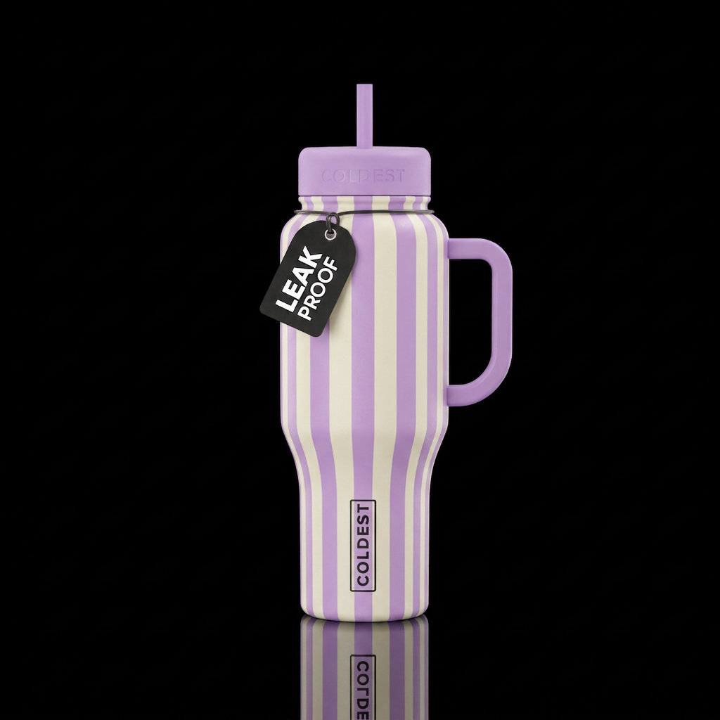 light purple and cream vertical stripes water bottle design