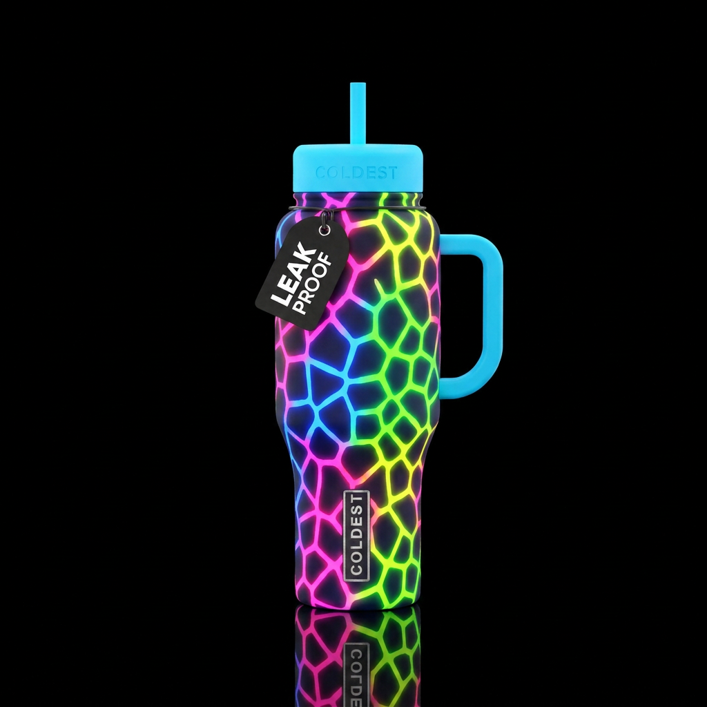 neon giraffe print water bottle design