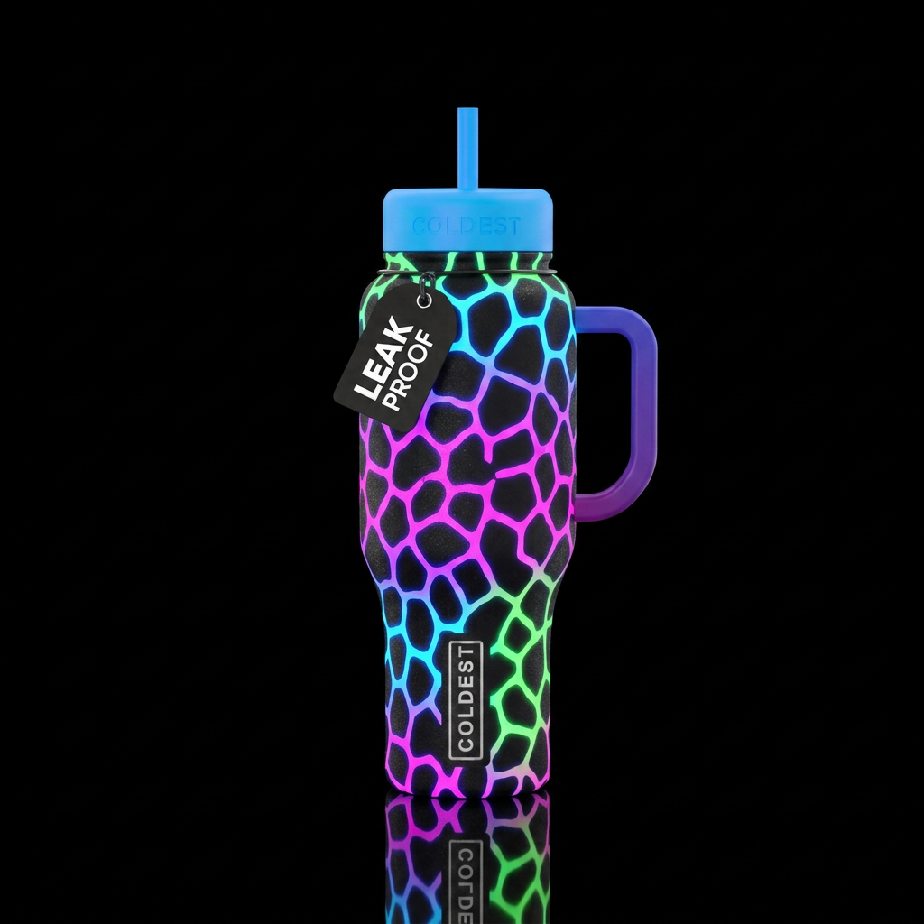 neon giraffe print water bottle design
