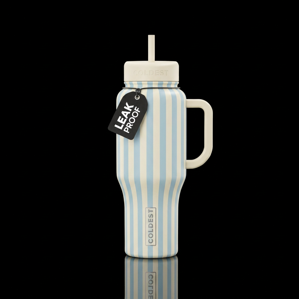 pale blue and cream vertical stripes water bottle design