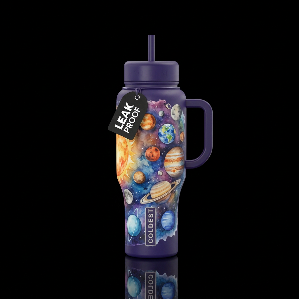 watercolor solar system water bottle design