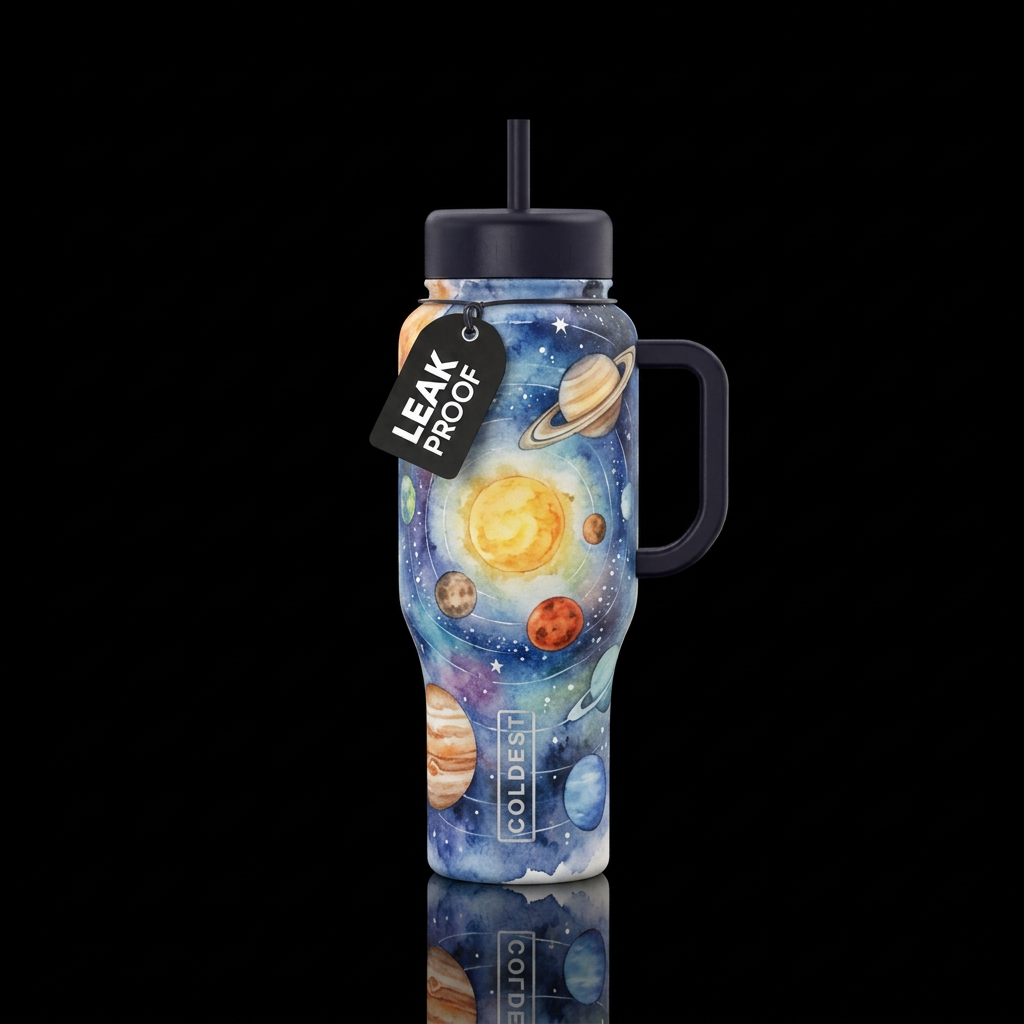 watercolor solar system water bottle design