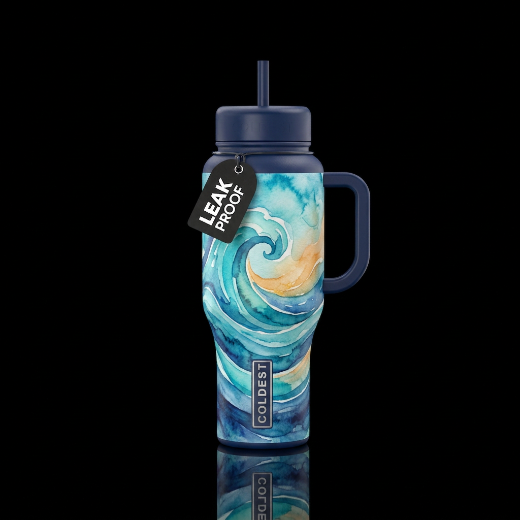 watercolor waves water bottle design