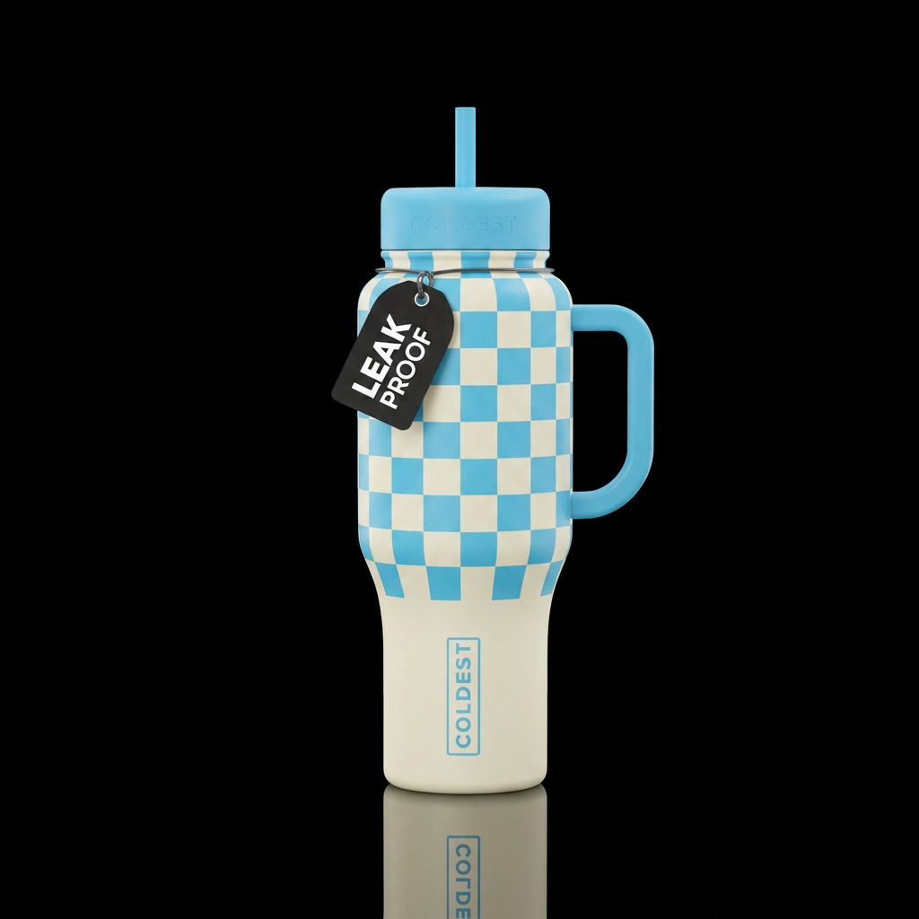 light blue and cream checkers water bottle design
