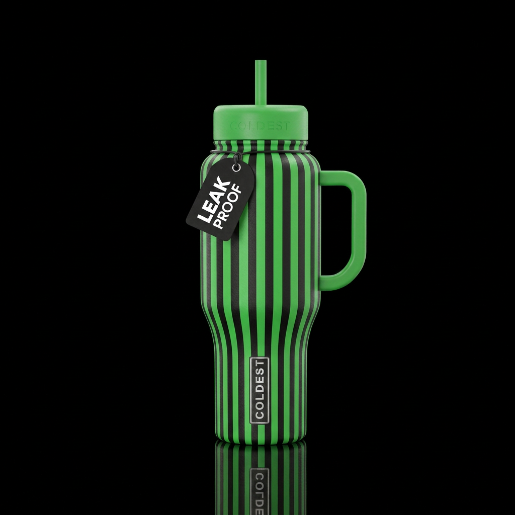 green and black vertical stripes water bottle design