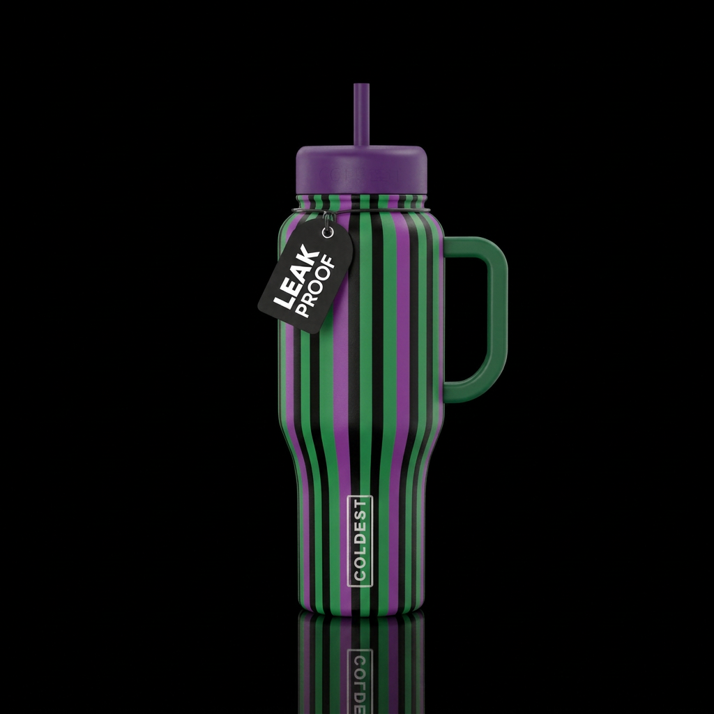 green, purple and black vertical stripes water bottle design