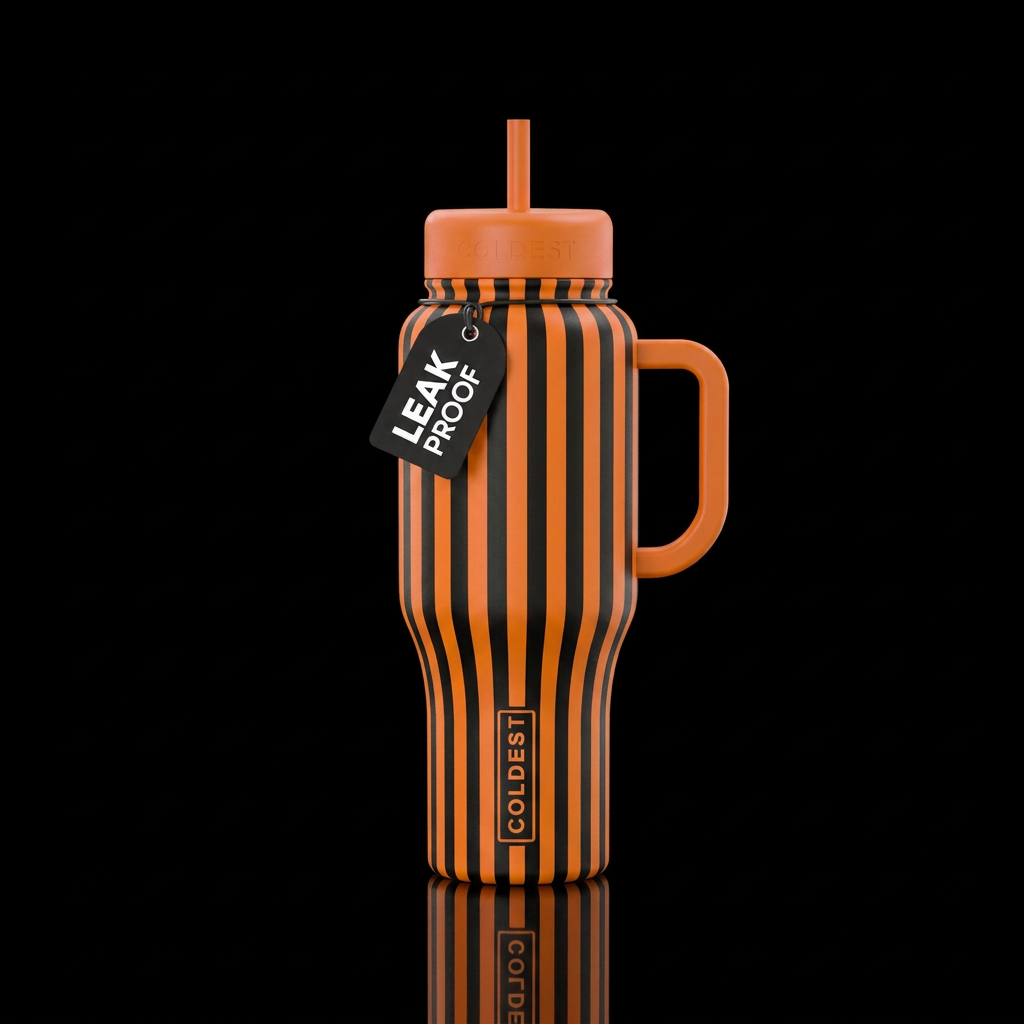 orange and black vertical stripes water bottle design