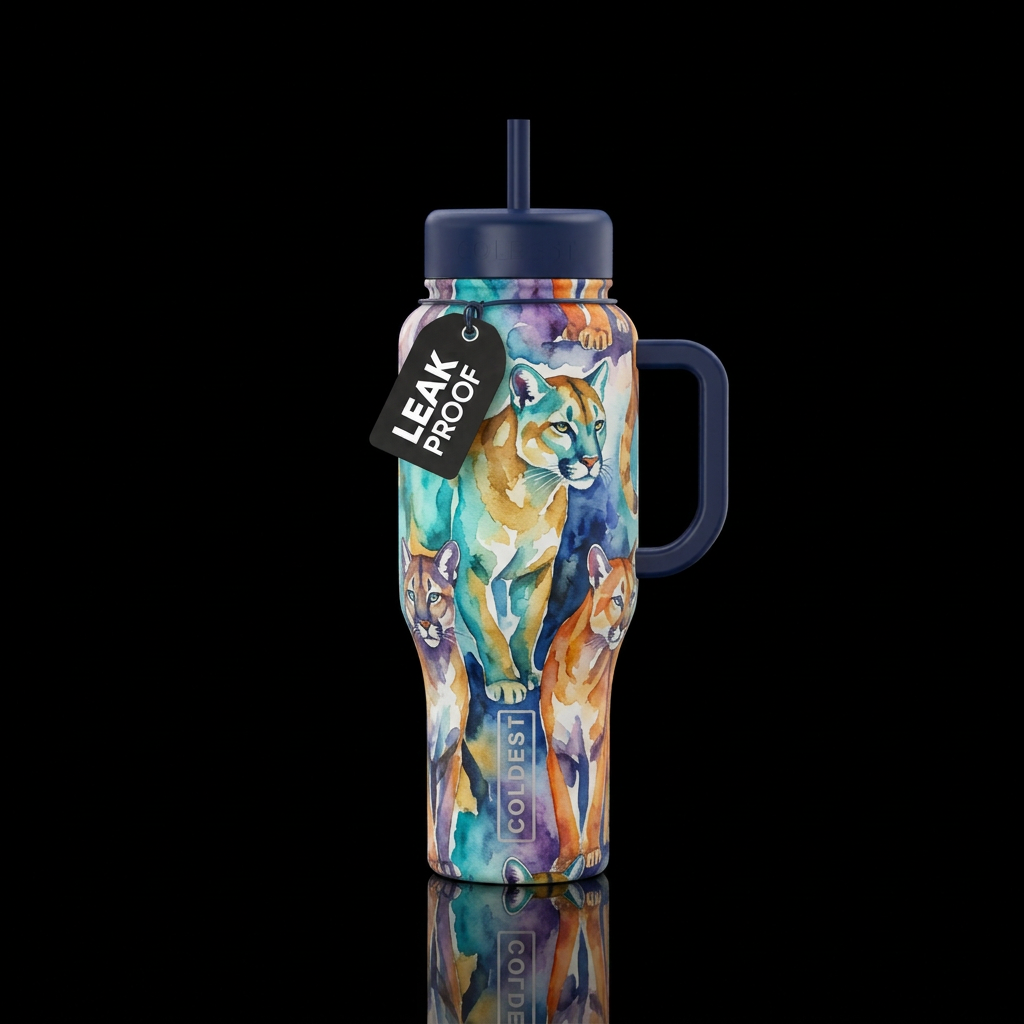 watercolor pumas water bottle design