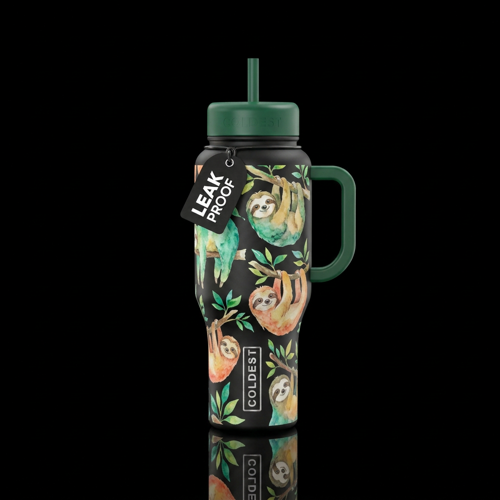 watercolor sloths water bottle design